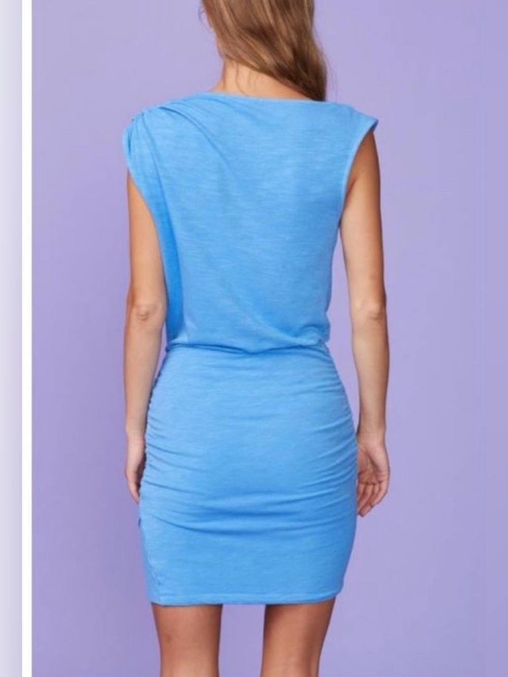 Monrow Light Blue Ruched Cowl Neck Mini Dress Sz S B139 - Picture 3 of 7